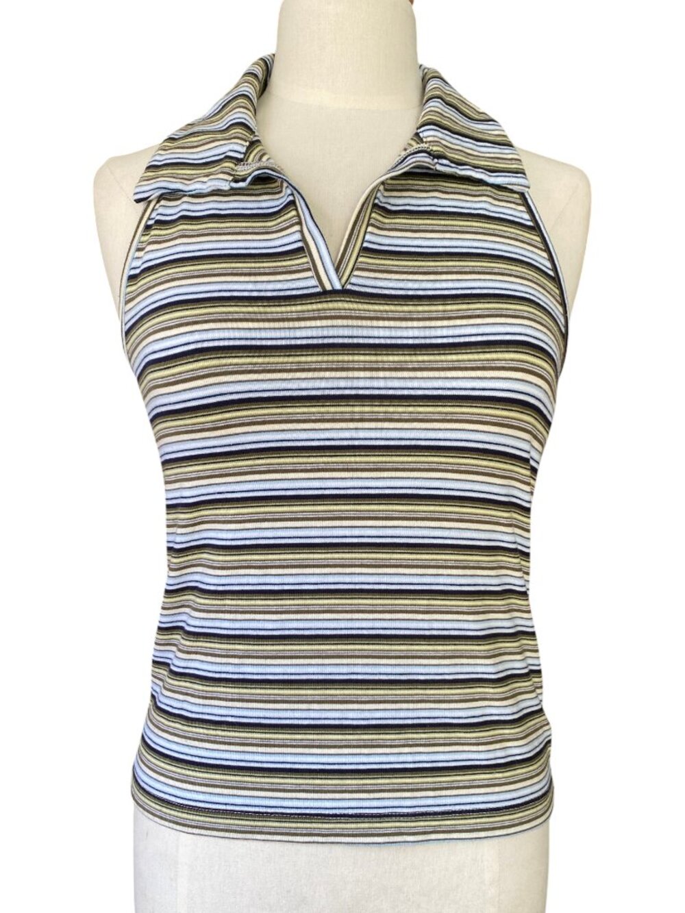 Vintage Y2K Tangents Striped Collared Halter Tank Top Olive Blue Indie Grunge-L